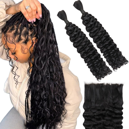 Water Wave Bulk Human Hair for Braiding Human Hair Braiding Hair, 100g 2 Bundles/Pack 16 Inch Natural Black, Human Hair for Boho Knotless Braids Bohemian Hair for Braiding Human Hair