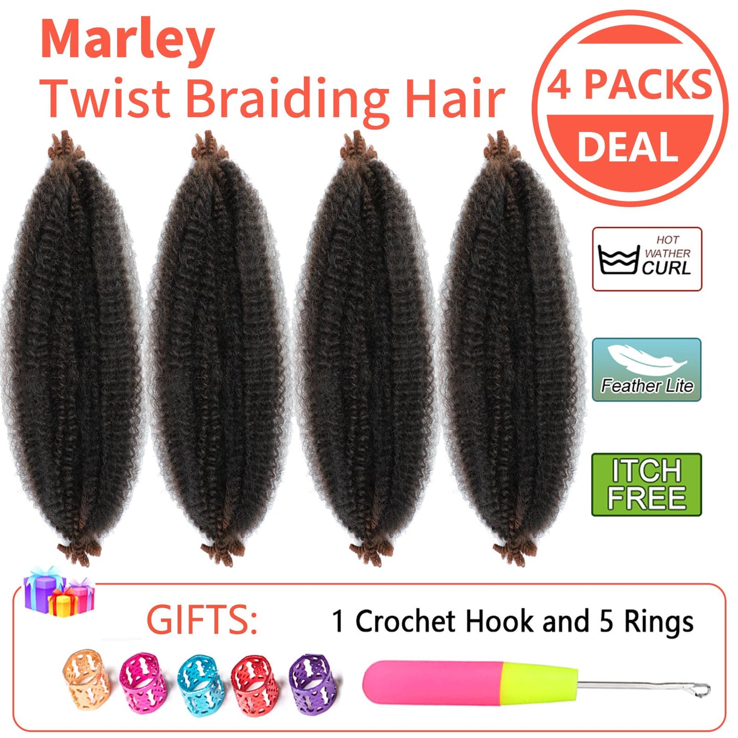 Marley Twist Braiding Hair, 16 Inch 4 Packs Soft Springy Afro Kinky Twist Hair For Braiding,Two Tone Pre-Fluffed Spring Twist Hair, Twisted Up Marley Hair For Women Crochet Braids(16inch,4packs,T30#)