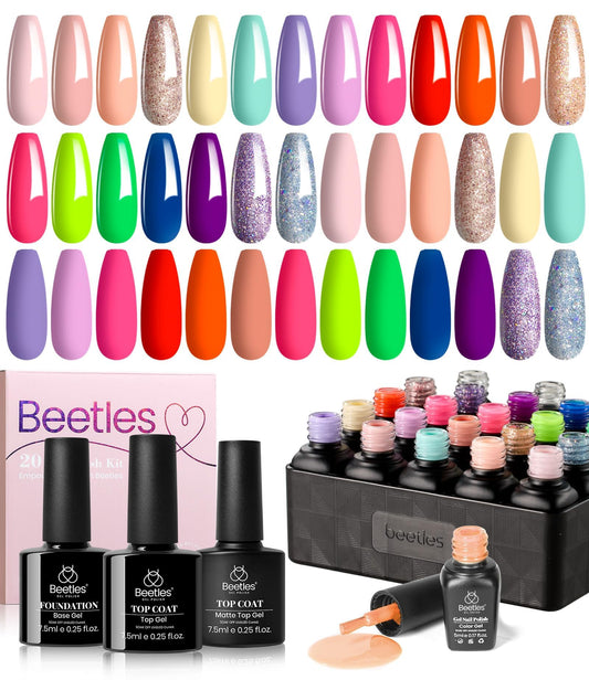 Beetles 23Pcs Gel Nail Polish Set Pastel Bright Colors 2024 Summer Gel Polish Kit Red Hot Pink Glitter Gel Nail Polish with Base Gel Top Coat Soak Off Uv Led Nail Gel Gifts for Women