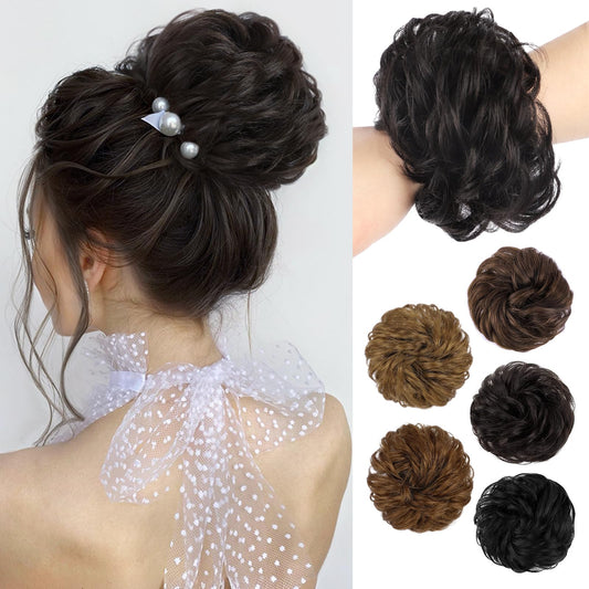 HMD 100% Human Hair Bun Messy Bun Extensions Human Hair Messy Rose Bun Hair Piece Curly Hair Bun with Elastic Band Hair Bun Hair Extensions Tousled Updo Hairpieces for Women(Brown Black)