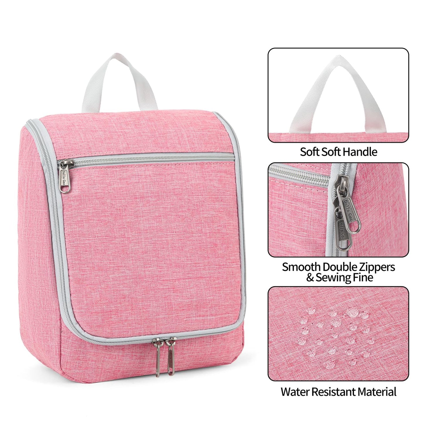 Della Gao Hanging Travel Toiletry bag for Women, Water-resistant Durable Nylon Toiletries Organizer for Cosmetics, Makeup Brushes, Bathroom Bag, Pink