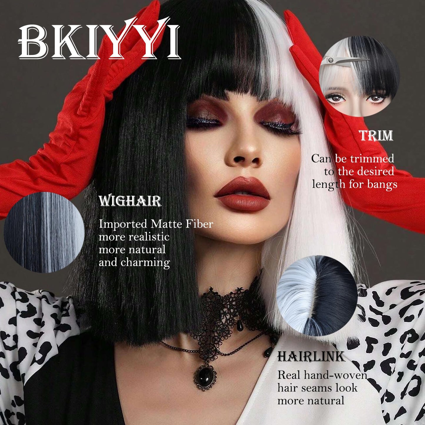 Black and White Wig Bob Wig with Bangs Short White and Black Straight Wig for Women Heat Resistant Synthetic Wig Cruella Deville Wig for Grils Daily Party Halloween Cosplay Use 13inch