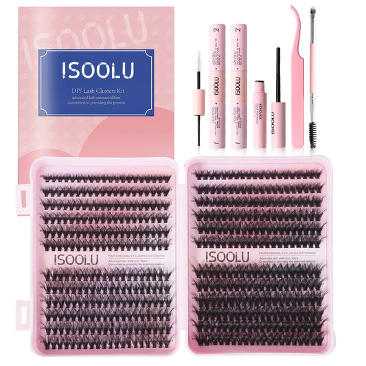 ISOOLU DIY Volume Lash Clusters 480pcs Lash Extension Kit Lash Extension Kit，40D+50D 9-16mm with Cluster Lashes，2pcs Bond and Seal，Lash Tweezers，Eyelash Brush.