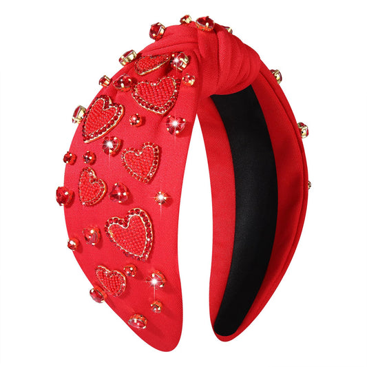 NVENF Valentine’s Day Headband for Women Love Heart Headband Jeweled Crystal Rhinestone Knotted Headband Red Pink Wide Top Knot Headband Valentine’s Day Hair Accessories Gifts (Red Heart 9)