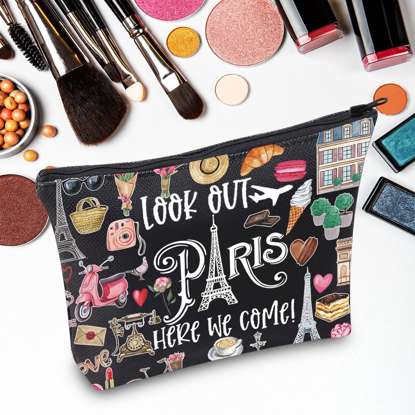 JNIAP Paris Themed Makeup Bag Paris Trip Gifts Paris Travel Bag Paris Toiletry Bag Paris Zipper Pouch Paris Makeup Pouch (look out paris black mb)