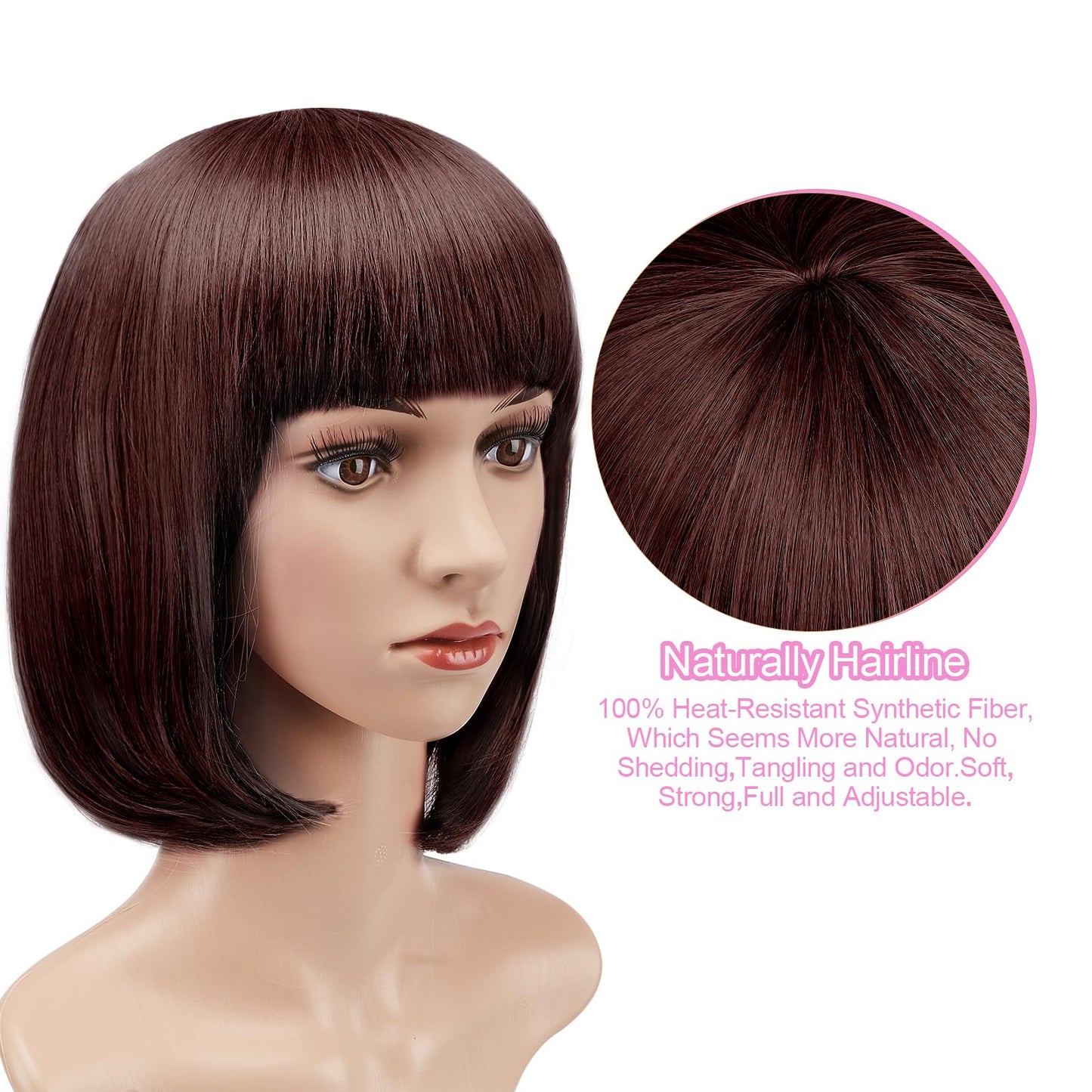 AGPTEK 13 Inches Straight Heat Resistant Short Bob Hair Wigs with Flat Bangs for Women Cosplay Daily Party - Dark Brown