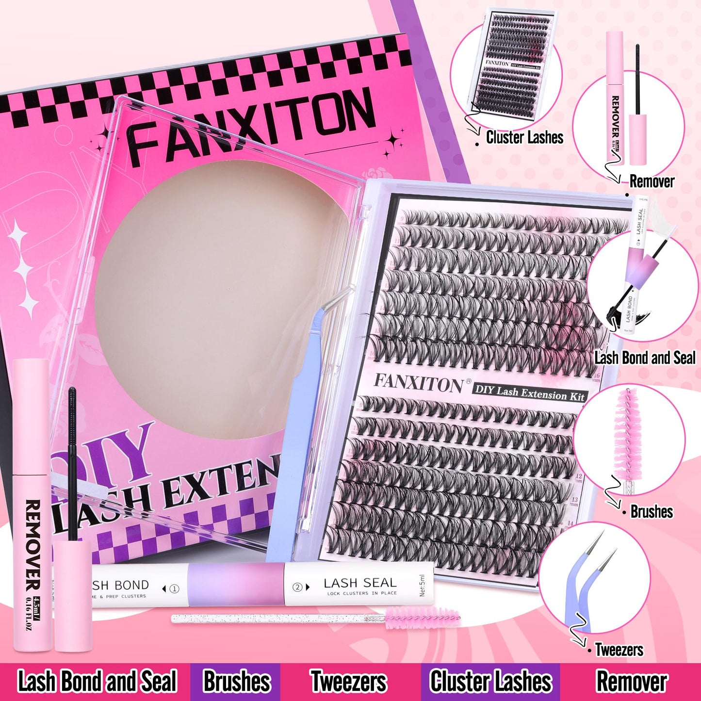 DIY Lash Extension Kit Natural Lash Clusters 30D+40D Mix 9-16mm D Curl lndividual Lashes Lash Remover 280pcs Wispy Eyelash Extension Kit with Lash Bond and Seal and Lash Tweezers by FANXITON