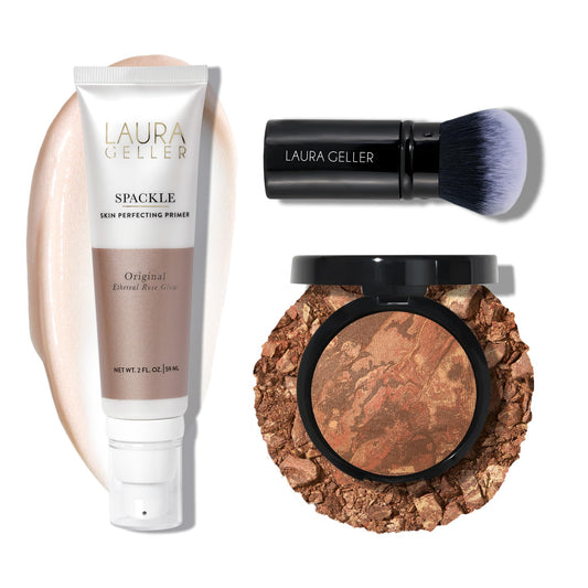 LAURA GELLER NEW YORK Baked Balance-n-Brighten Powder Foundation - Deep + Spackle Super-Size Skin Perfecting Makeup Primer - Ethereal Rose Glow + Retractable Airbrush Kabuki Brush