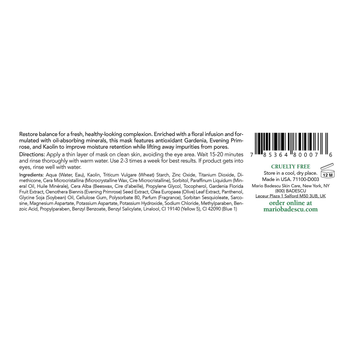 Mario Badescu Flower & Tonic Mask - Absorbs Excess Oil and Shine - Gentle and Purifying Face Care for Men and Women - Facial Mask Ideal for Combination, Oily or Sensitive Skin, 2 oz