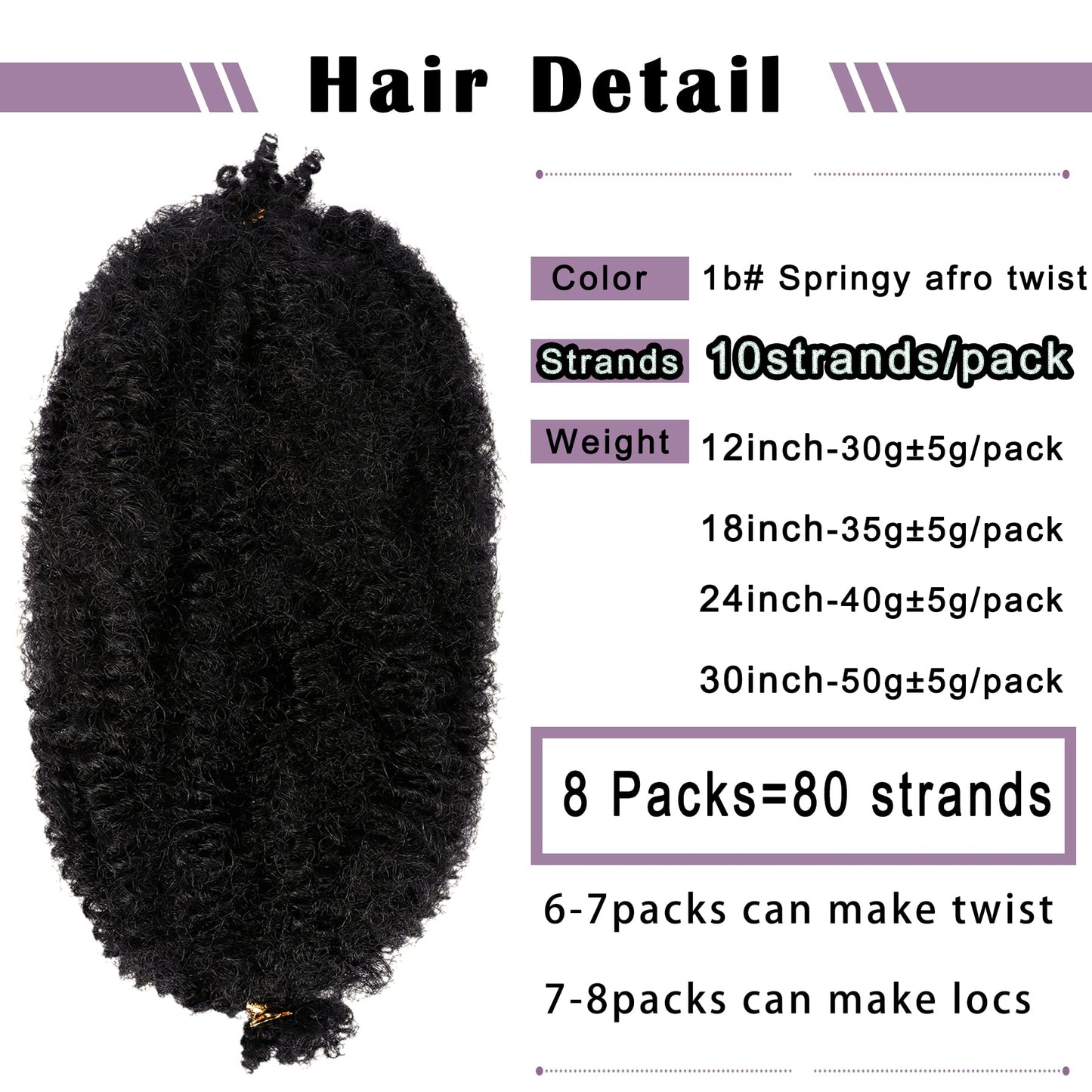 Springy Afro Twist Hair 8 Packs Marley Twist Braiding Hair Pre Separated Spring Twist Hair for Faux Locs Crochet Hair Kinky Twist for Braiding Synthetic Hair Extensions (1b#, 12inch(Pack of 8)