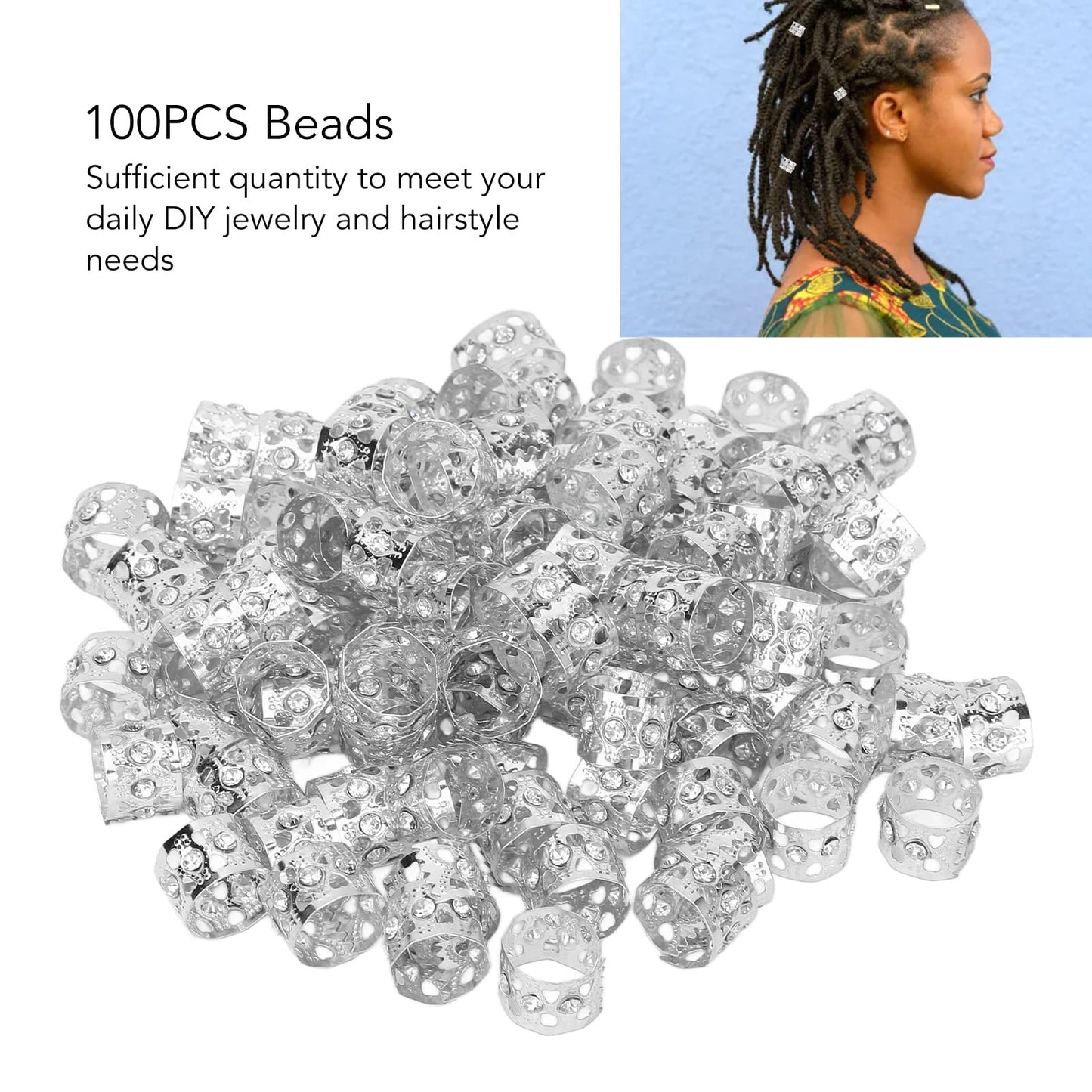 100Pcs Dreadlocks Beads, Sparkling Rhinestone Fashionable Hair Braiding Rings for Hair Decoration (Silver)