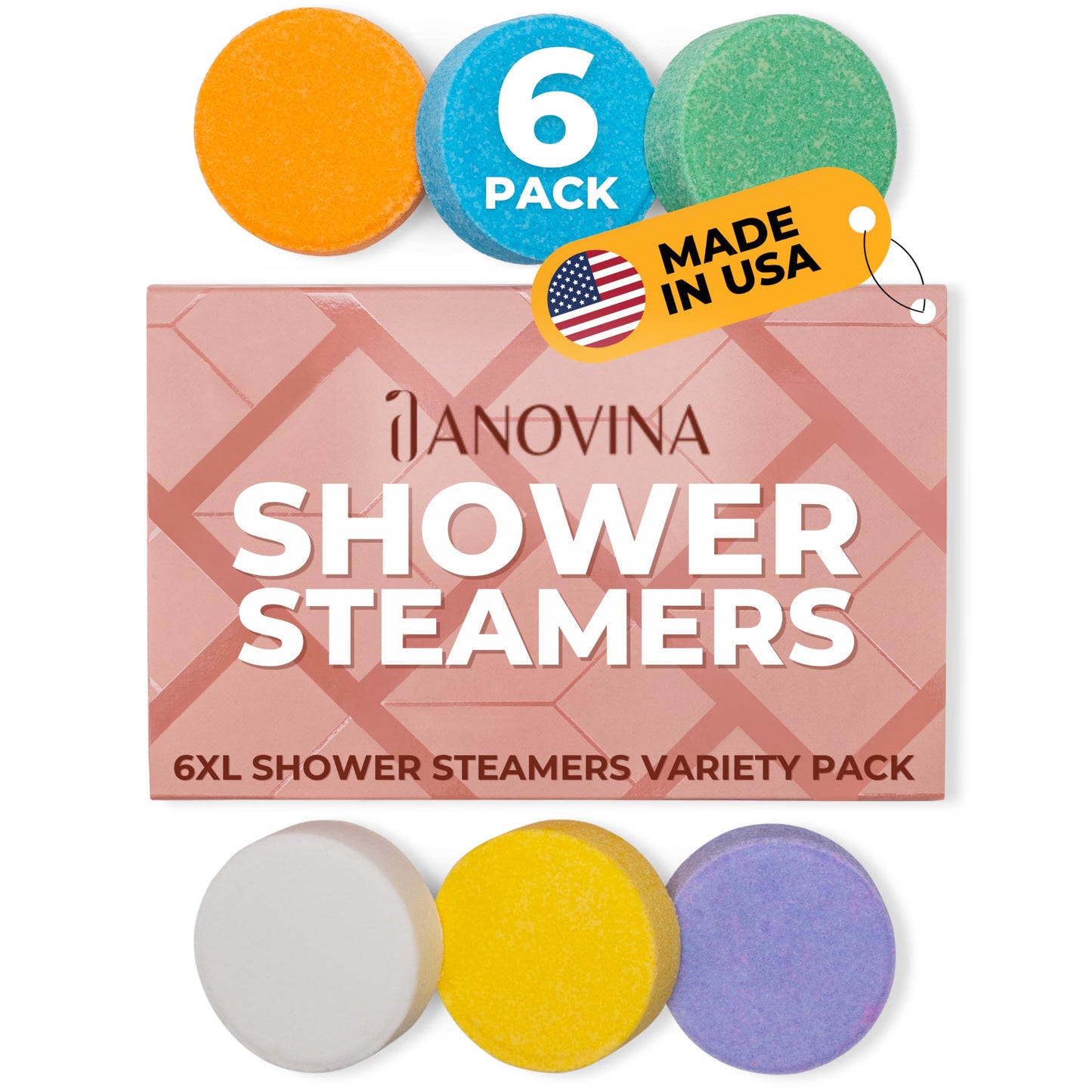 Anovina Shower Steamers Aromatherapy. Variety 6 Pack Proudly Made in USA with Pure Essential Oils Shower Bombs, Self Care Gifts for Women and Men - Shower Tablets Mothers Day Gift