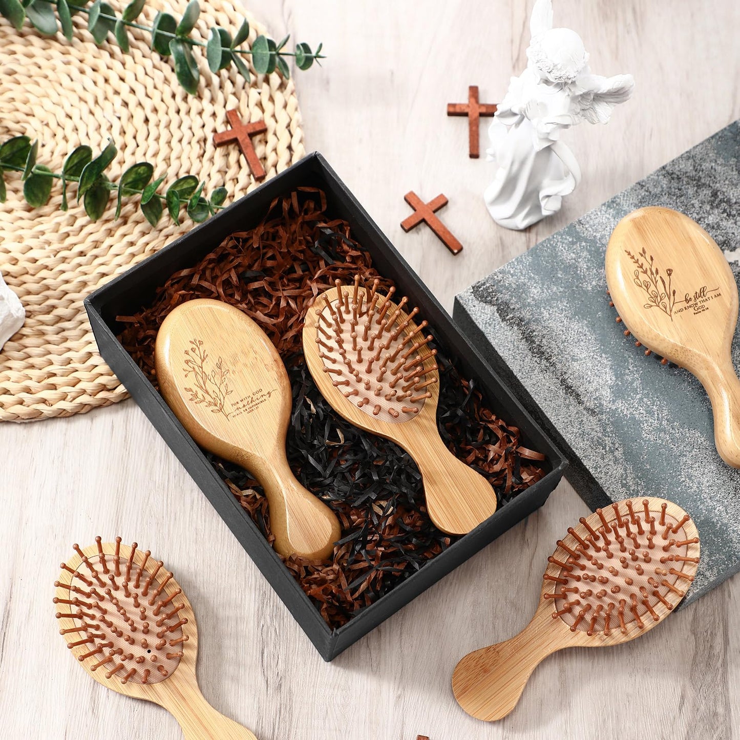 Tioncy 10 Pcs Christian Gifts Mini Hair Brush for Women Inspirational Bible Verse Wooden Hairbrush Natural Dangler Brush Paddle Comb Church Aesthetic Religious Mother's Day Gift for Curly or Long Hair