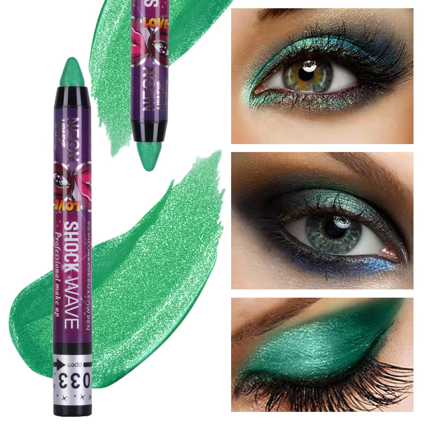 MEICOLY Green Eyeshadow Stick,Metallic Shimmer Crayon Eye Makeup,Green Eye Shadow Eye Makeup,Green Glitter Eyeshadow,Waterproof & Long Lasting Shiny Bright Rotating Eye Shadow Sticks,2 Pcs