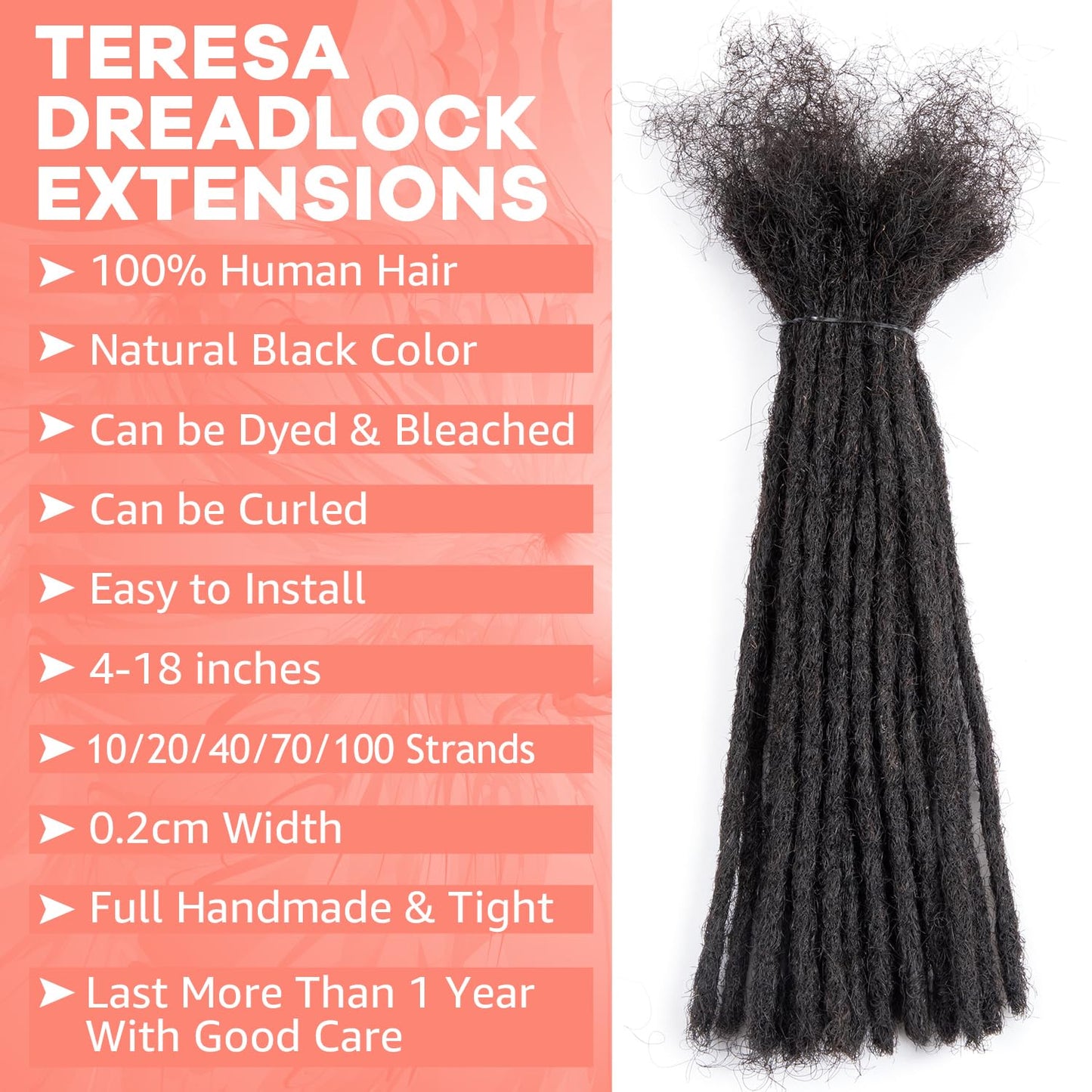 Teresa 4 Inch 0.2cm Width Loc Extension Human Hair Natural Black 10 Strands Full Hand-made Permanent Locs Extensions Can Be Dyed and Bleached for Men/Women/Kids Real Dreadlock Extensions Human Hair