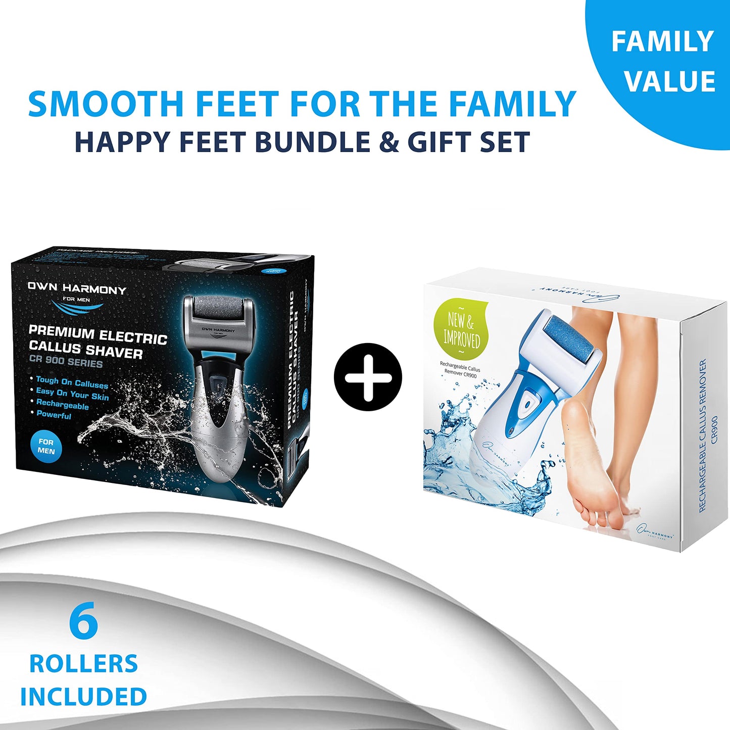 Own Harmony 2 Electric Feet Callus Removers and 6 Rollers Bundle: Rechargeable Mens Pedicure Tools Kit & Professional Electronic Foot Care File for Women, Best Scrubber for Hard Dry Cracked Dead Skin