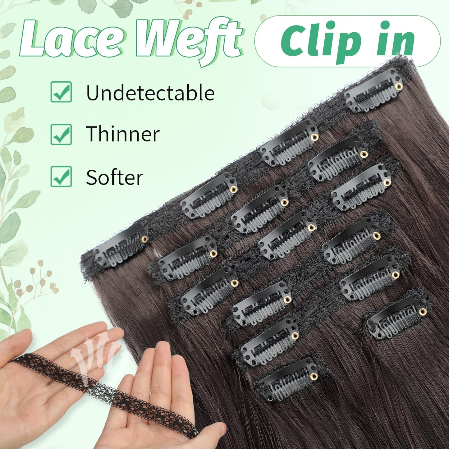 KooKaStyle Clip in Hair Extensions Long Straight Hair Extensions Upgrade Soft Lace Weft Lightweight 7PCS Layered Hair Extensions Dark Brown 20Inch for Women