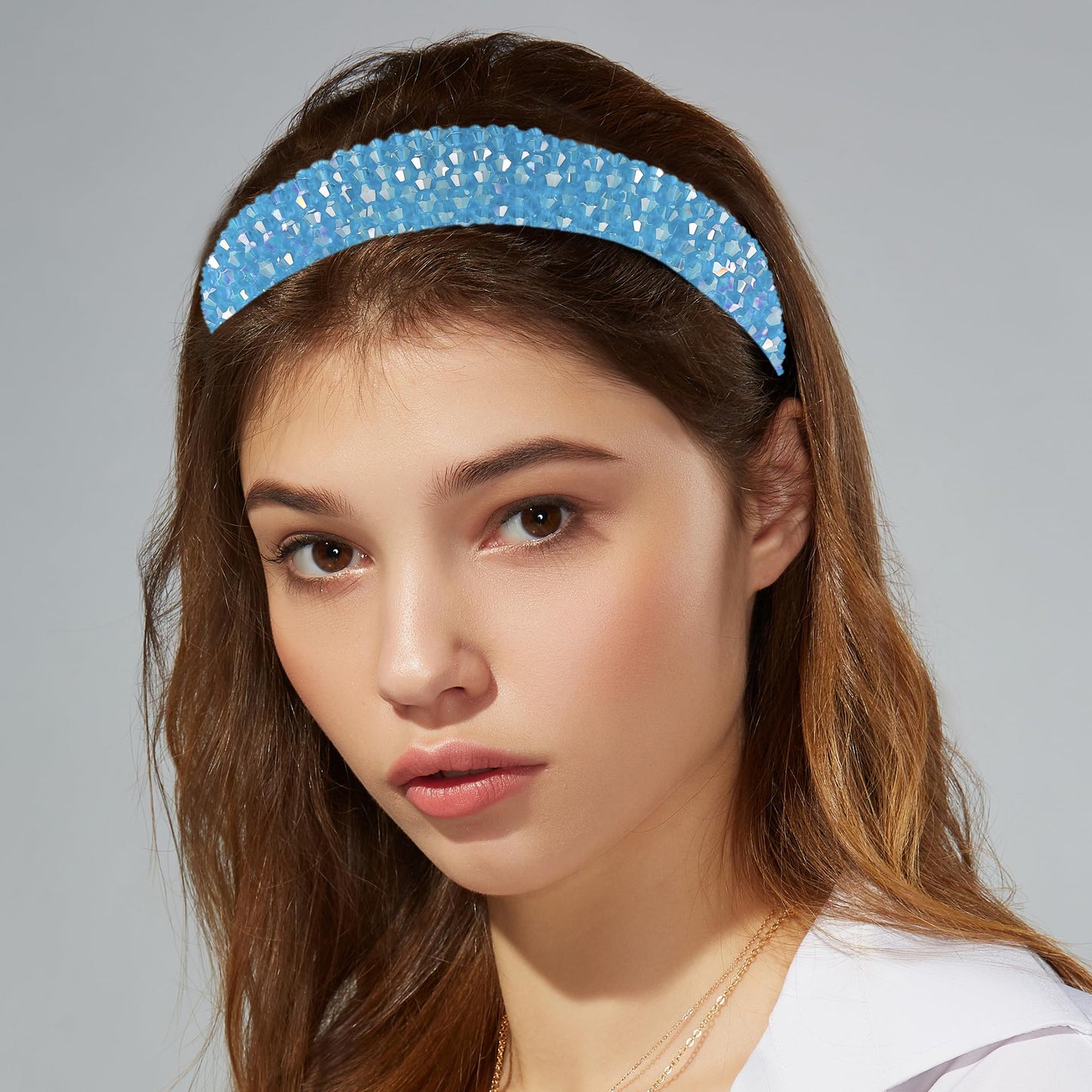 VOCOSTE Rhinestone Headband, Bling Padded Hairband Sparkle Faux Crystal Headbands Hair Accessories for Women, Sky Blue, 1.18 Inch Wide