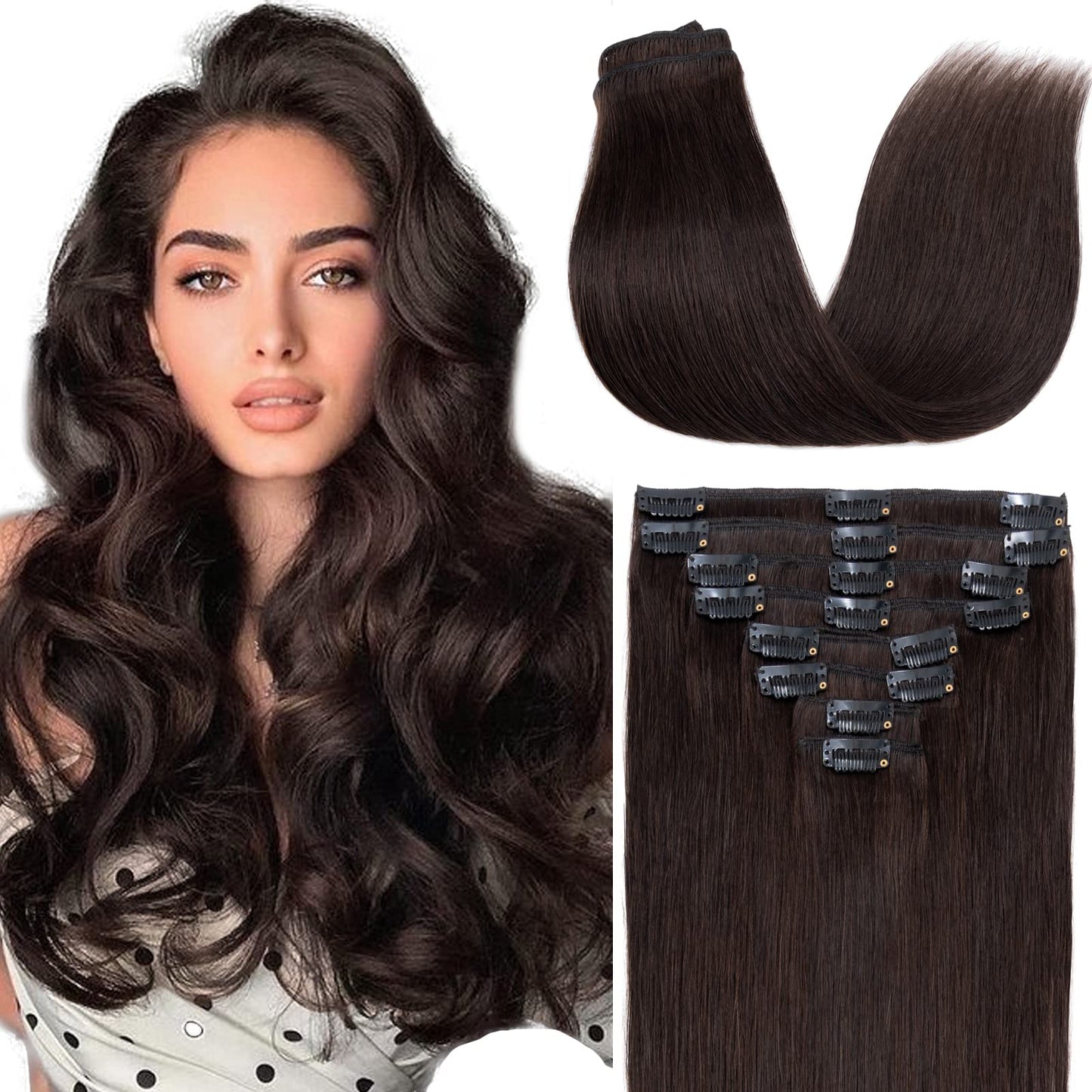 16 inch 90g Clip in Remy Human Hair Extensions Full Head 8 Pieces Set Long length Straight Very Soft Style Real Silky for Beauty #2 Dark Brown