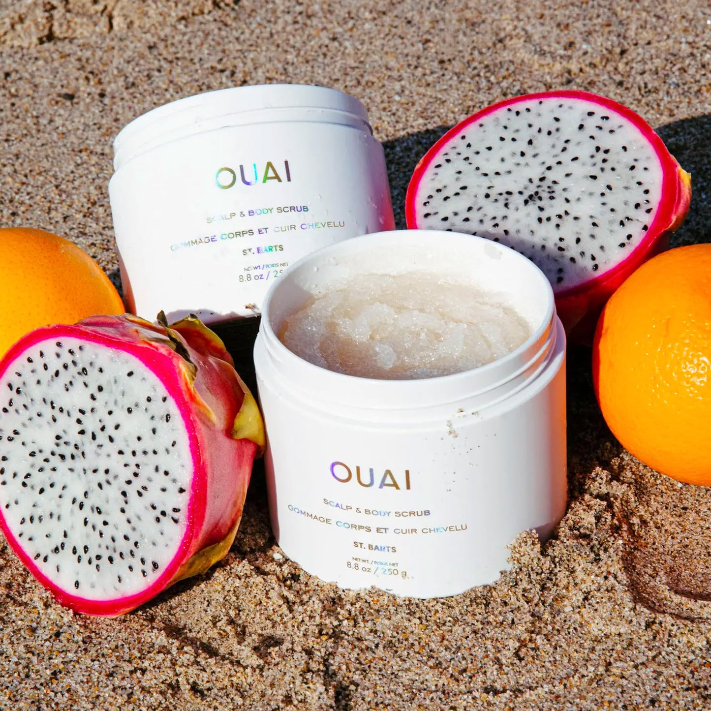 OUAI St. Barts Scalp & Body Scrub Bundle - Foaming Coconut Oil Sugar Scrub & Gentle Scalp Exfoliator Cleanses, Removes Buildup & Moisturizes Skin - Sulfate Free Body Care (2 Count, 3.4 Oz/8.8 Oz)