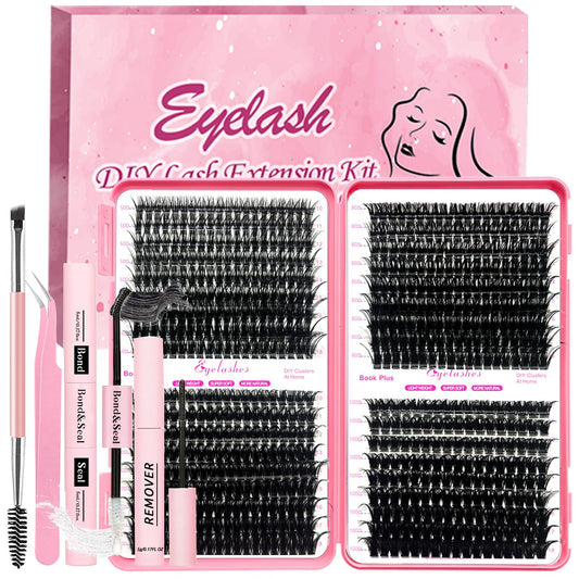 Qiveaory DIY Lash Extension Kit 684pcs Individual Lashes Clusters D Curl Eyelash Extension Kit with Lash Bond and Seal,Eyelash Remover Tweezers Brush(10-18mm,50D+60D+80D+100D) Lash Books DIY at Home