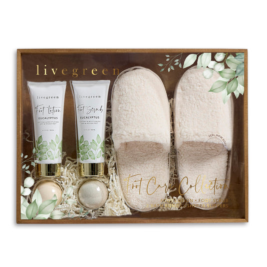 Live Green Foot Care Collection in Eucalyptus, Foot Spa Set with Sherpa Slippers, Foot Lotion (60ml), Foot Scrub (60ml) and 2 Bath Bombs (80 grams each)