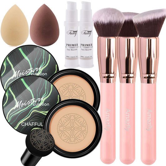 Air Cushion CC Cream Mushroom Head Foundation, 2 PCS Amazfly Moisturizing BB Cream Face Primer Makeup Long Lasting Matte Concealer Bright Makeup Base Long Lasting with Mushroom Makeup Sponge and Powder Brush (CHAFFUL Natural)