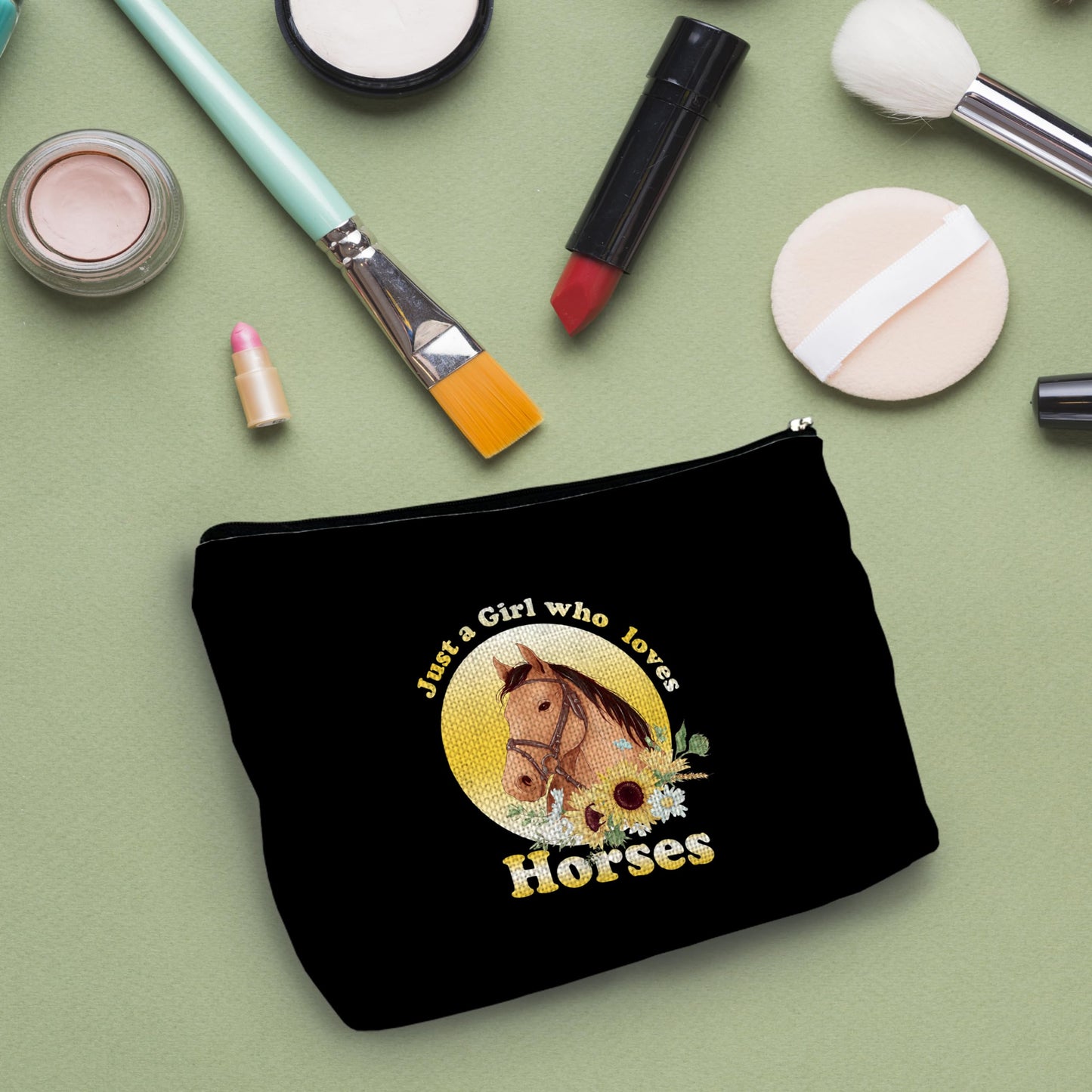 NATSUNO Horses Black Makeup Bag,Horses Cosmetic Bag,Floral Makeup Bag,Girls Makeup Bag,Makeup Bag For Girls,Just A Girl Who Loves Horses Make Up Bag