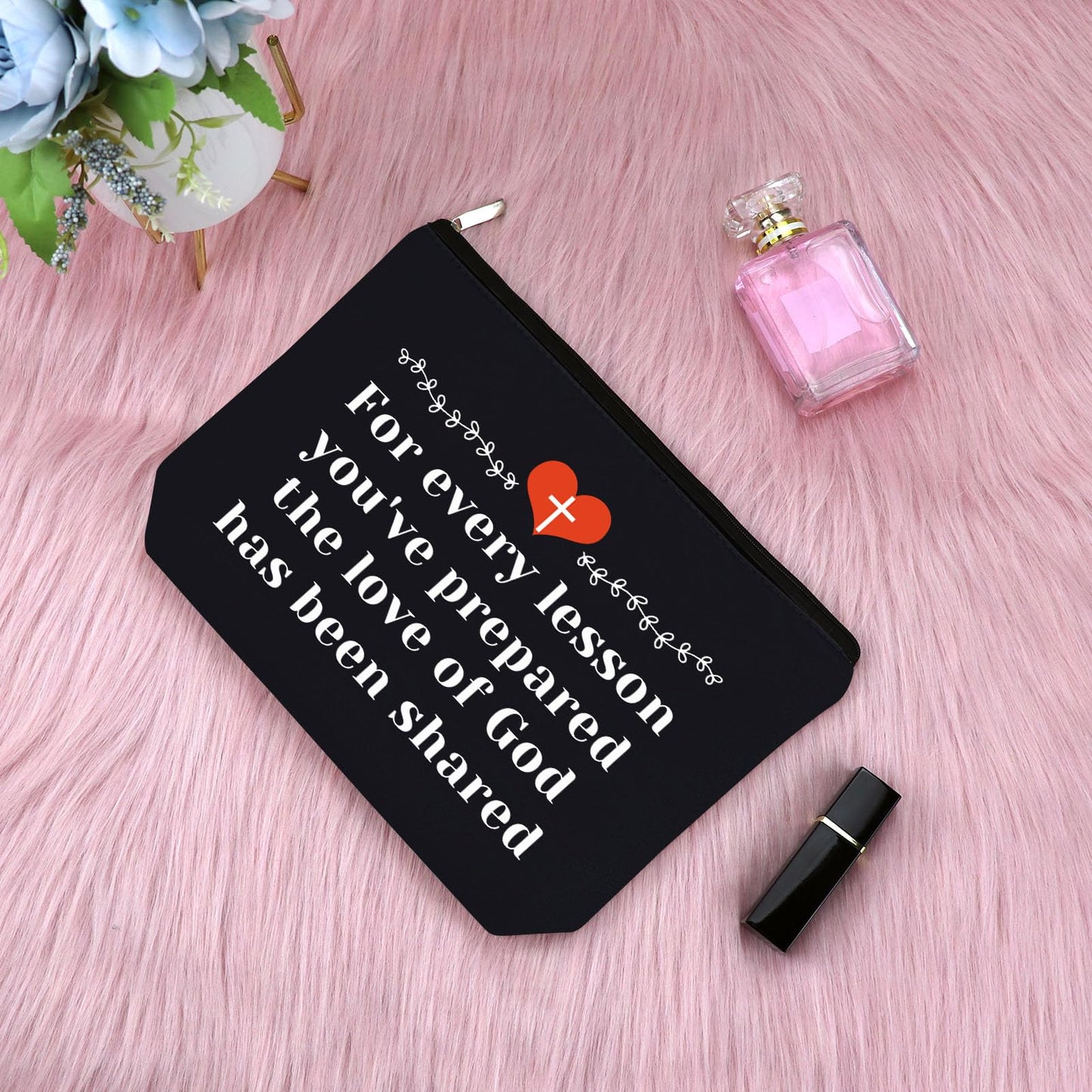 Sunday School Teacher Gift Makeup Bag Religious Gift for Women Teacher Appreciation Gift Cosmetic Bag Christian Gift for Her Funny Birthday Gift Thanksgiving Graduation Gift Travel Pouch（Black）