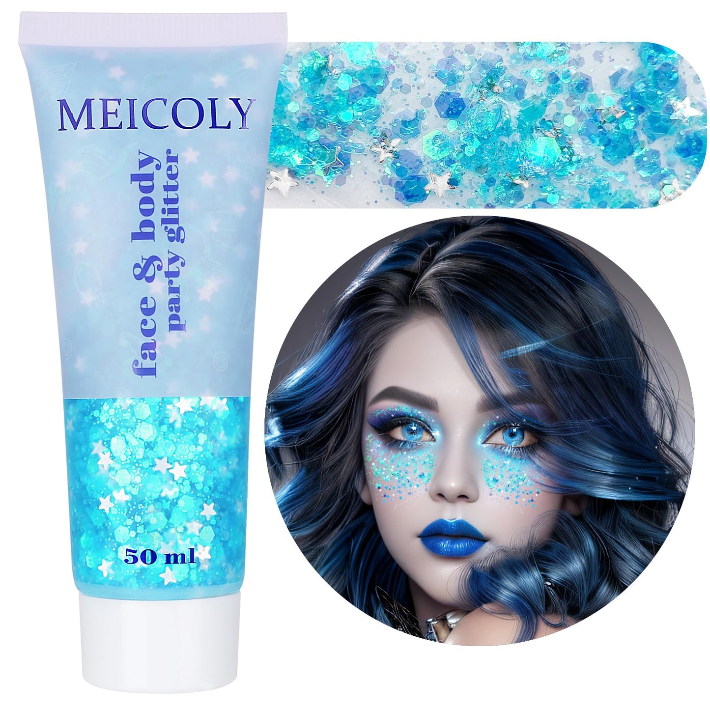 MEICOLY Light Blue Body Glitter,Festival Rave Christmas Glitter Gel,Mermaid Princess Face Glitter Gel,Ice Blue Glitter Face Paint,Chunky Glitter for Eye Lip Hair,Sparkling Holographic Gel for Women