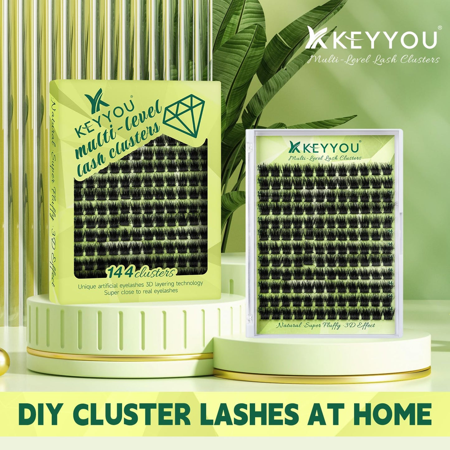 Lash Clusters 3D Effect Eyelash Clusters KEYYOU 144pcs D Curl 14mm Wispy Lashes Fluffy Cluster Lashes Natural Soft DIY Lash Extension(Empower-D-14)