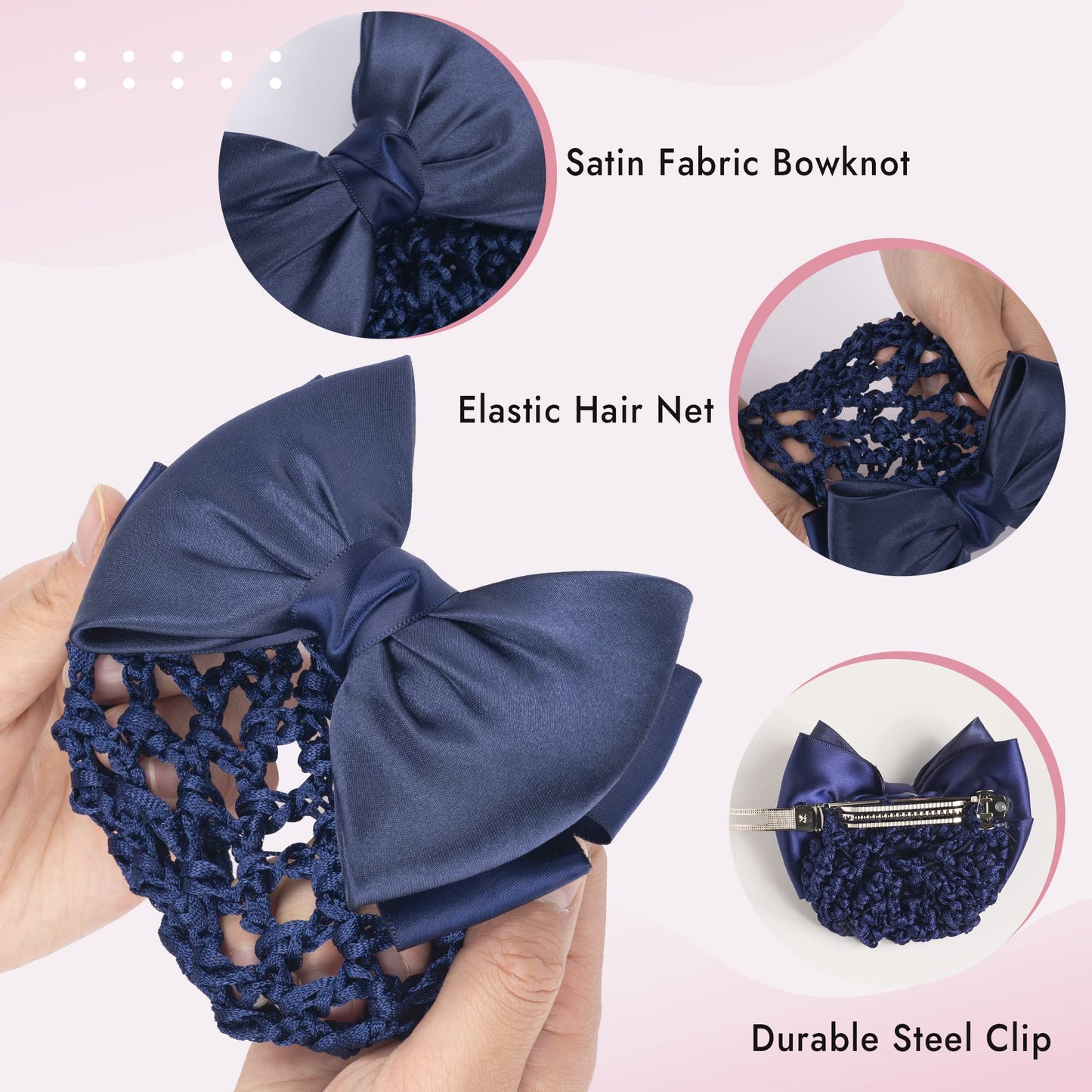 TXIN 9 Pieces Women's Hair Accessories: Satin Bow Crochet Bowknot Barrette, Mesh Knit Hairnets Clip for Women and Girls in Black, Navy Blue, and Red