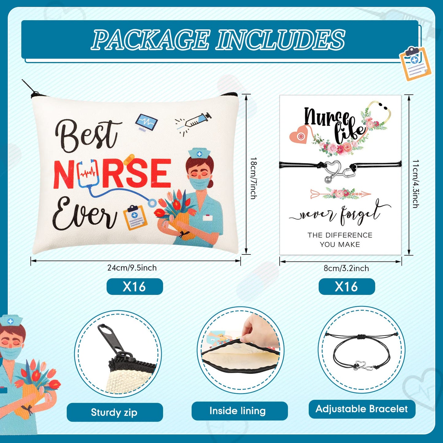 32 Pcs Nurse Appreciation Gift Nurse Week Gifts 16 Nurse Canvas Makeup Cosmetic Bags Survival Kit and 16 Nurse Blessing Card Bracelets, Nurse Practitioner Gift Nurse Christmas Gift for Women (Elegant)