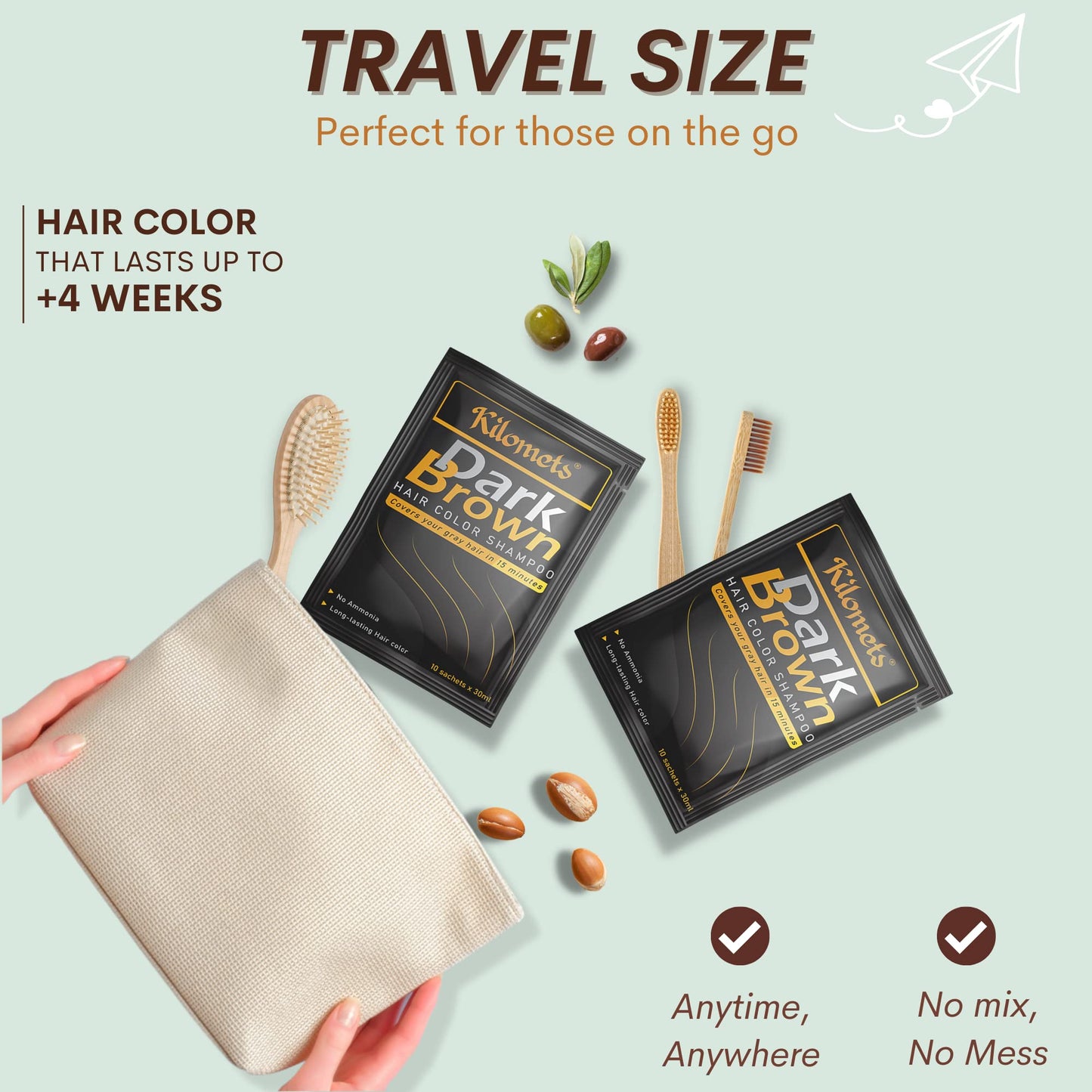 Kilomets Dark Brown Hair Dye Shampoo 3 IN 1 - Pack 10 Travel & Trial - Hair Color Shampoo Grey Coverage in Minutes Ammonia Free Hair Coloring Gift for Mom Dad