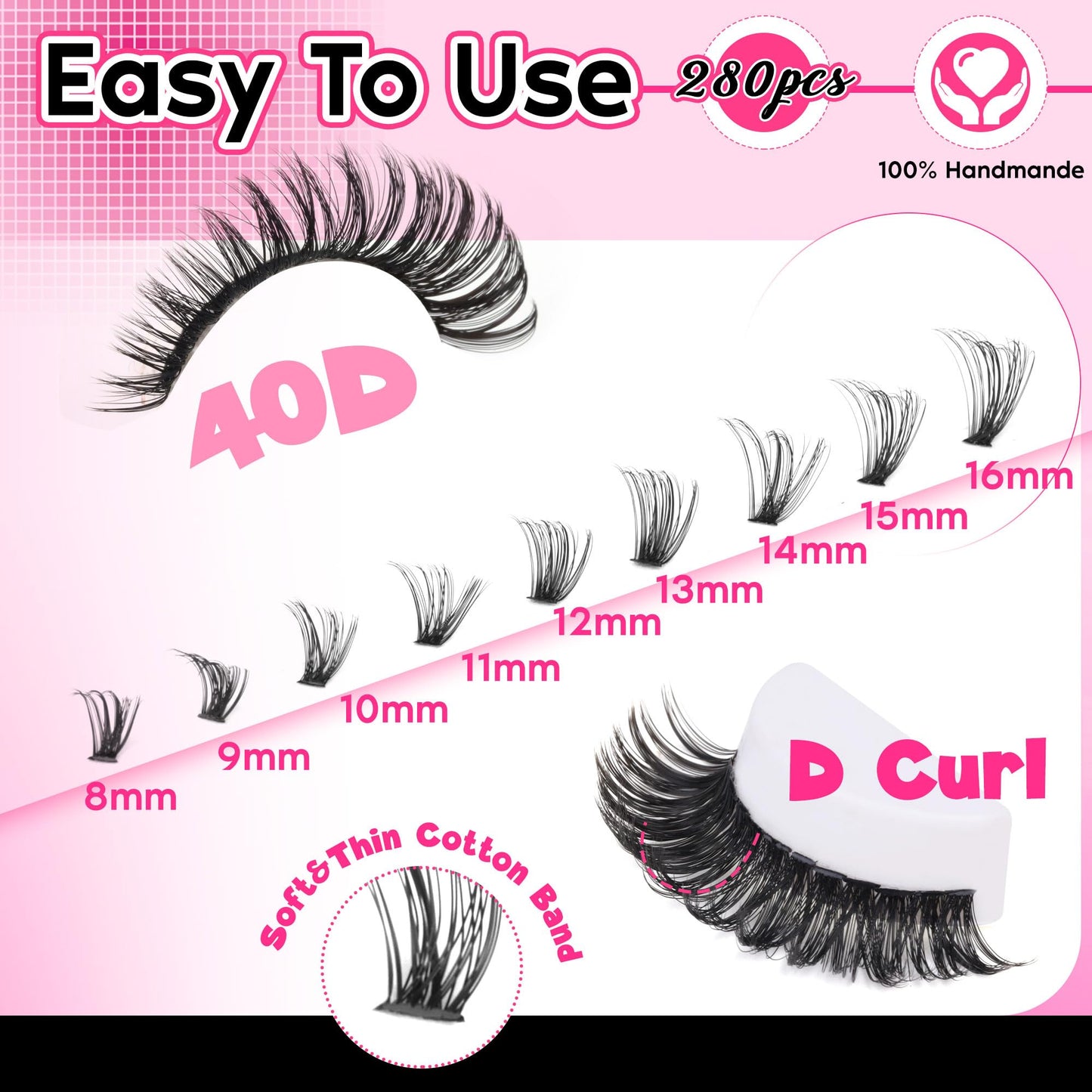 FANXITON Lash Clusters 280Pcs Wispy Lash Clusters D Curl 8-16Mix Natural Eyelash Clusters 40D Individual Eyelash DIY Lash Extensions at Home(0.07D 40D)