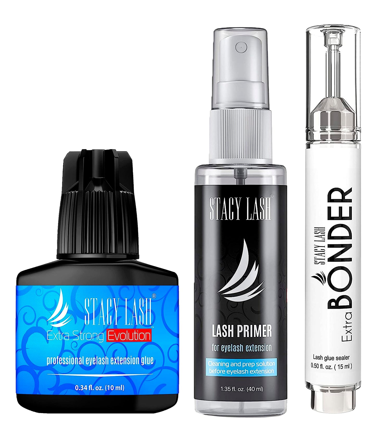 Extra Strong Evolution Eyelash Extension Glue 10ml & Extra Bonder 15ml & Primer/Cleanser 40ml - Stacy Lash/Black Adhesive 1-2Sec Drying Time/Sealer/Protein Oil Remover/Professional Supplies