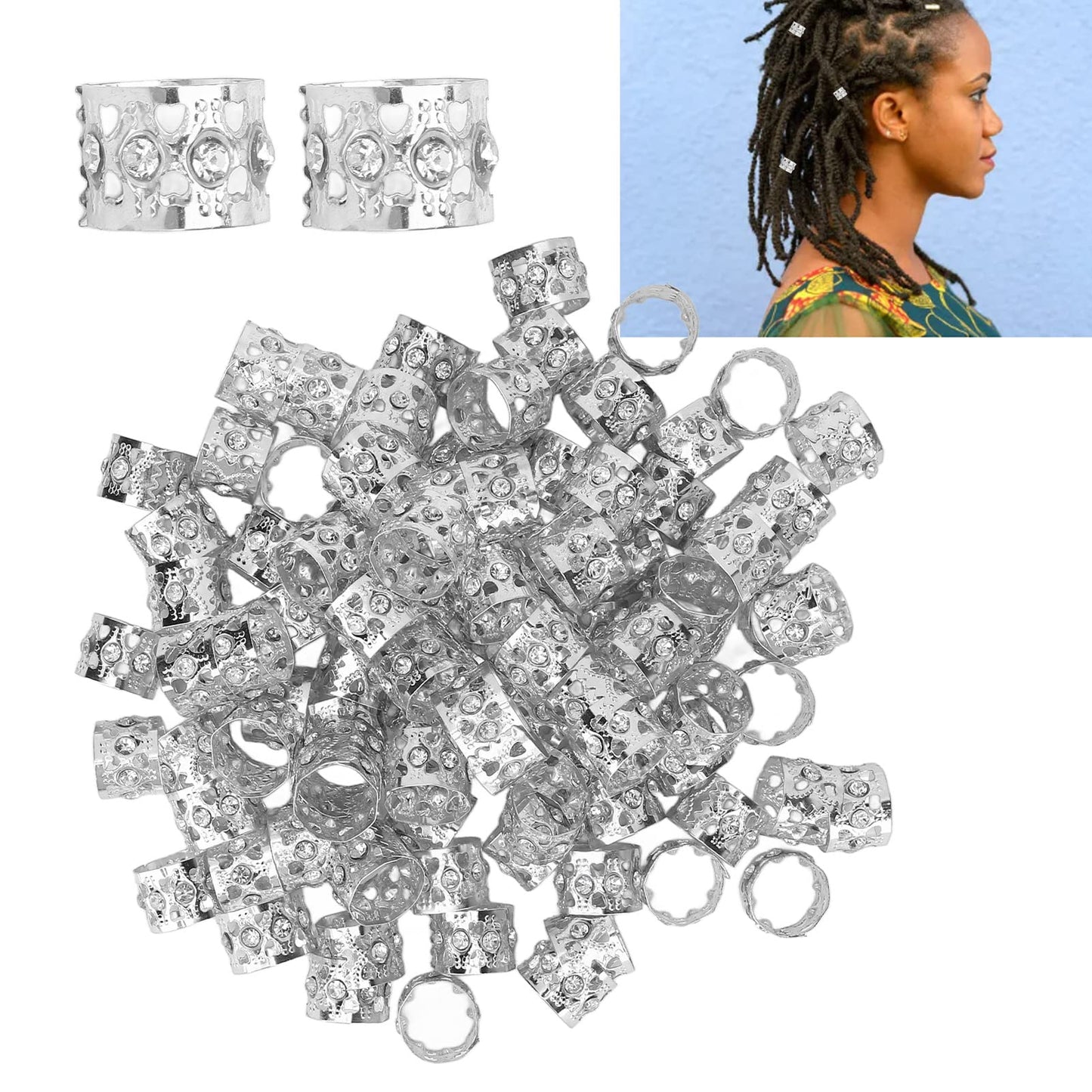 100Pcs Dreadlocks Beads, Sparkling Rhinestone Fashionable Hair Braiding Rings for Hair Decoration (Silver)