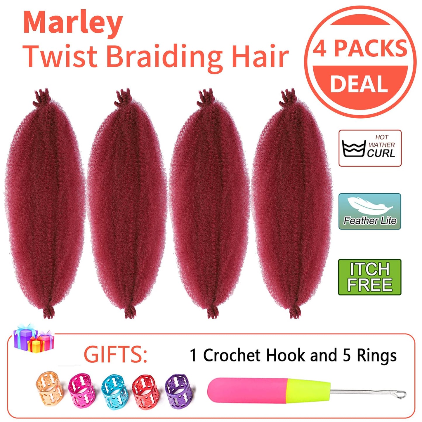 Anemoi Red Burgundy Marley Twist Braiding Hair, 10 Inch 4 Packs Springy Afro Kinky Twist Hair,Pre-Fluffed Spring Twist Hair Twisted Up Marley Hair For Black Women Crochet Braids(10inch,4packs,BUG#)