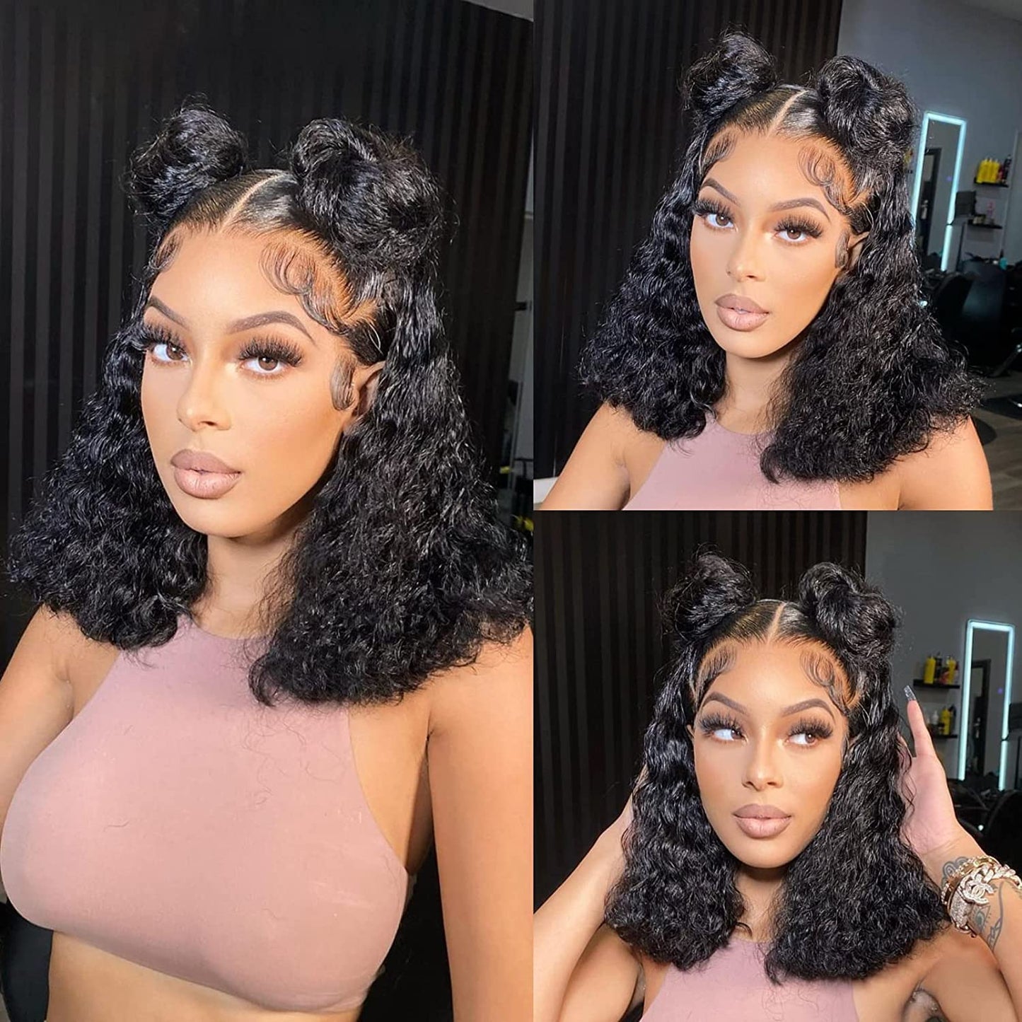 SWEETGIRL 16 Inch Curly Bob 13x4 Lace Front Wigs Human Hair Pre Plucked Hairline 180 Density Water Wave Bob Cut Frontal Wigs for Black Women Natural Color