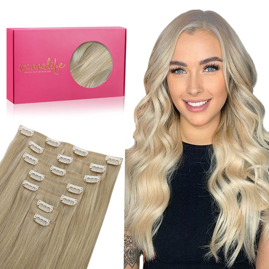 WENNALIFE Seamless Clip In Hair Extensions, 14 Inch 7pcs 130g Ombre Ash Blonde to Golden Blonde Balayage Platinum Blonde Hair Extensions Clip In Invisible PU Weft Real Human Hair Extensions Clip In