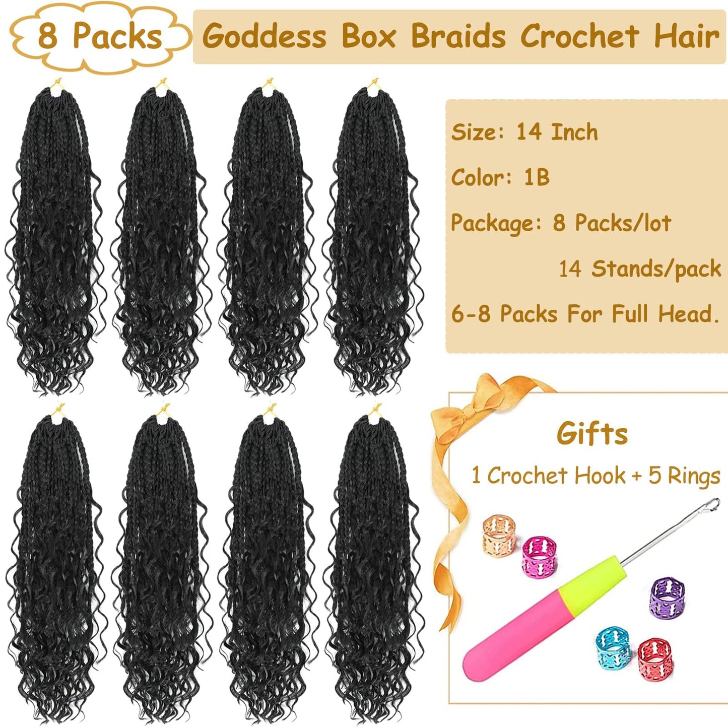 Goddess Box Braids Crochet Hair for Black Women14 Inch 8 Packs Crochet Braids With Curly Ends Pre Looped Boho Box Braids Short Bohemian Goddess Braids Crochet Hair (14 Inch (Pack Of 8), 1B#) …