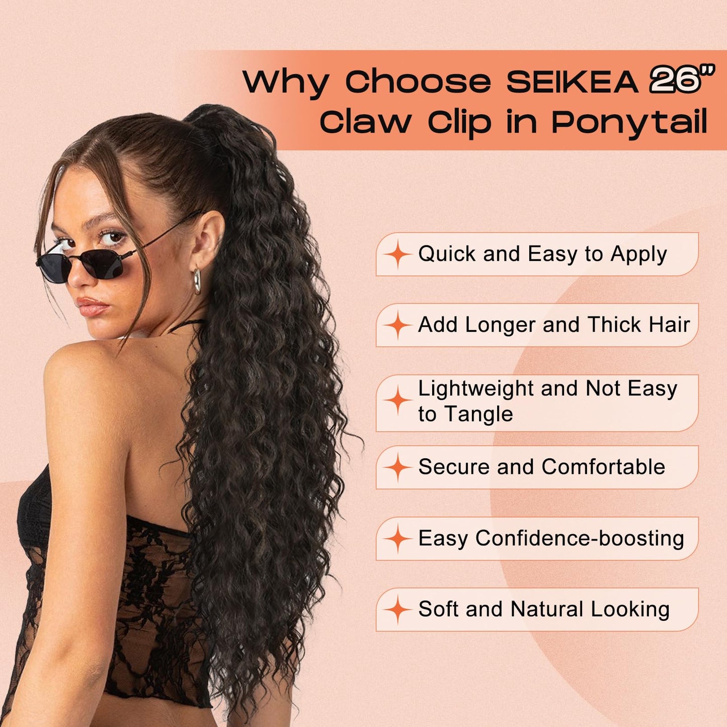 SEIKEA Ponytail Extension, 26" Claw Clip Ponytail Extension Long Lightweight Fluffy Curly Clip on Ponytails for Women Multi Layered Fake Pony tails Hair Extensions Black