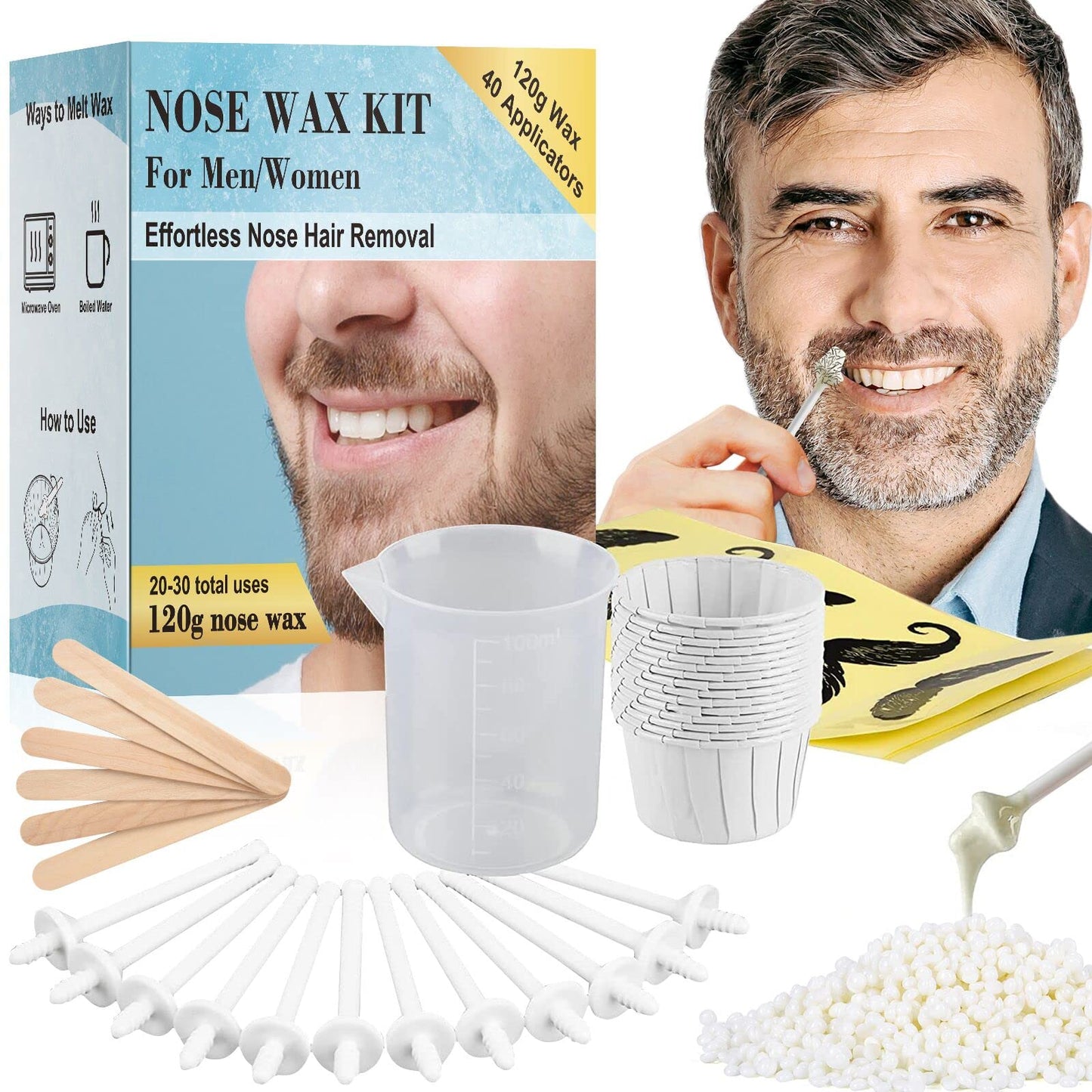 120g Nose Wax Kit, Nose Wax with 30 White Applicators, 20 Mustache Guards, 20pcs Paper CupNose Hair Wax Painless Nose Hair Removal at Least 20 Times Usage, Nose Hair Waxing Kit for Men and Women