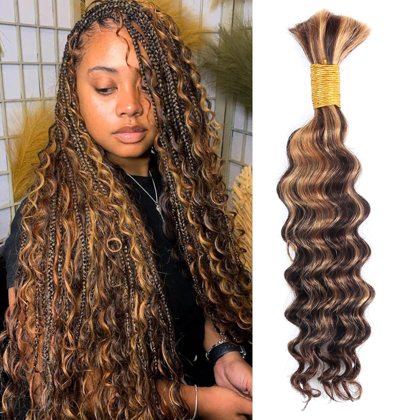 Human Braiding Hair for Boho Braids Highlight Deep Wave Bulk Human Hair for Braiding 20 Inch 1 Bundle 50G P430 Brazilian Wet and Wavy Curly Ombre Human Hair Braiding Hair Extensions No Weft Bundles