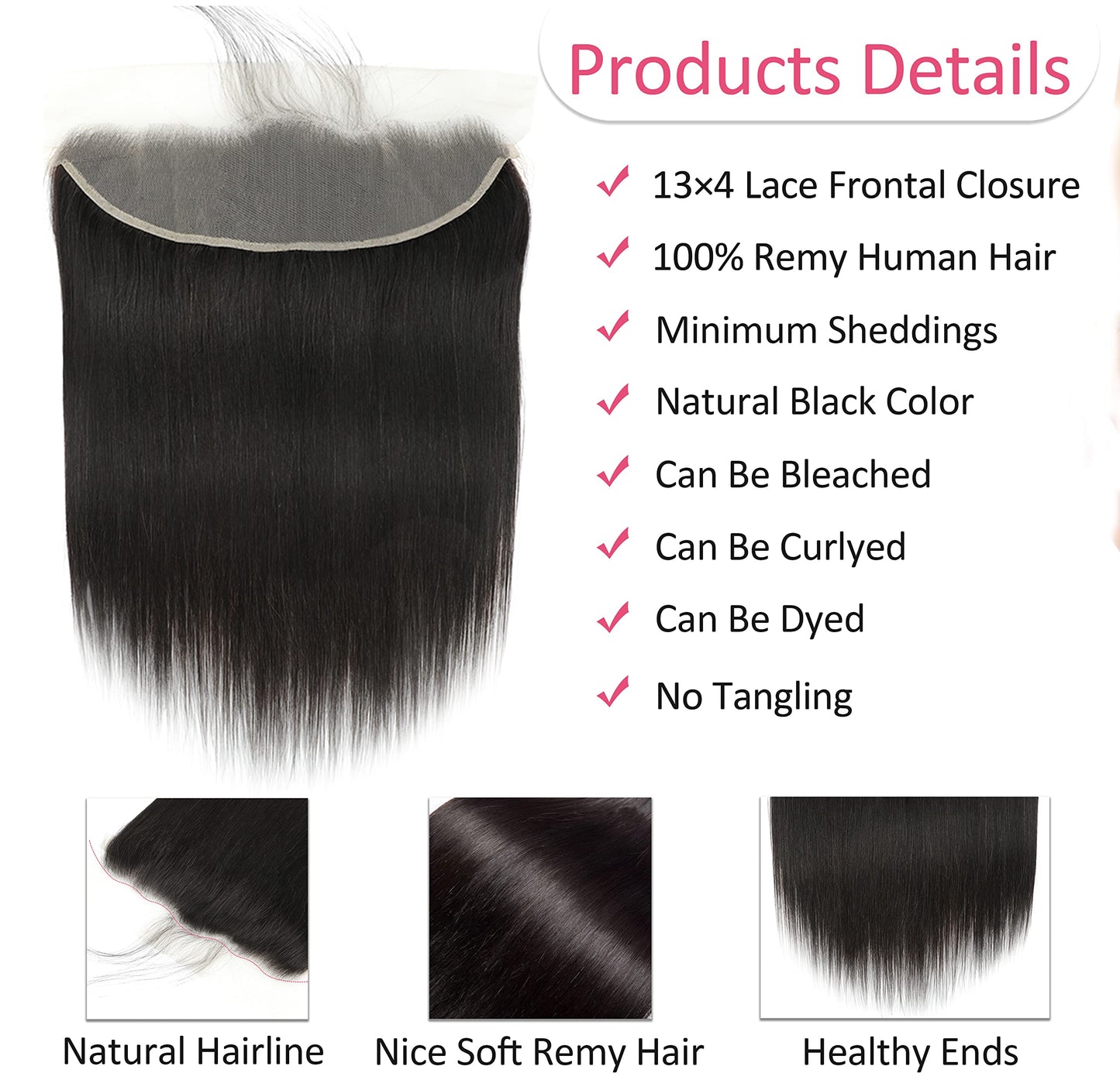 Straight Lace Frontal Closure,13x4 Ear to Ear 100% Virgin Remy Human Hair Transparent HD Lace Frontal Closure 150% Density Straight Hair Lace Frontal Closures With Baby Hair Natural Black(16 Inch)