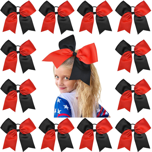 12PCS 8" Large Cheer Bow Red Black Ponytail Holder Elastic Band Hair Ties Hair Bow Accessories for Cheerleading Teen Girls High School College Softball Competition Sports