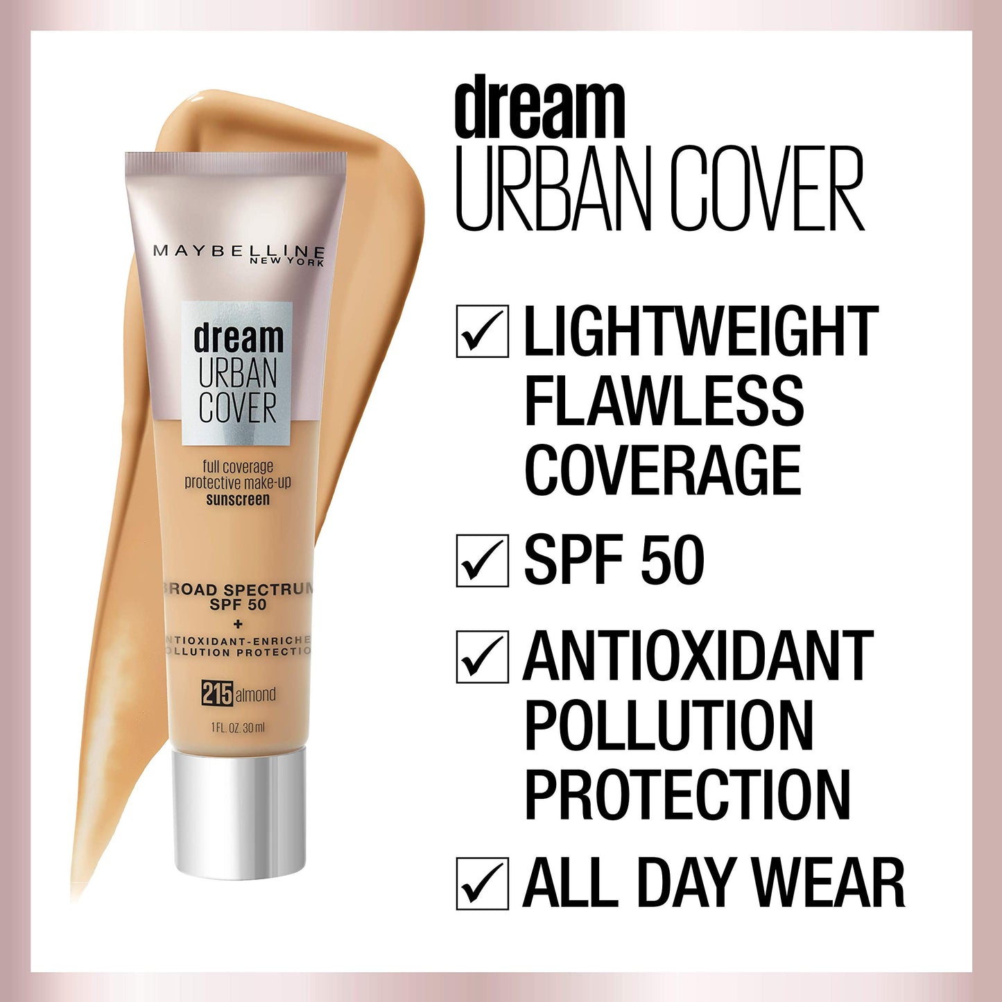 Maybelline Dream Urban Cover Flawless Coverage Foundation Makeup, SPF 50, Natural Ivory