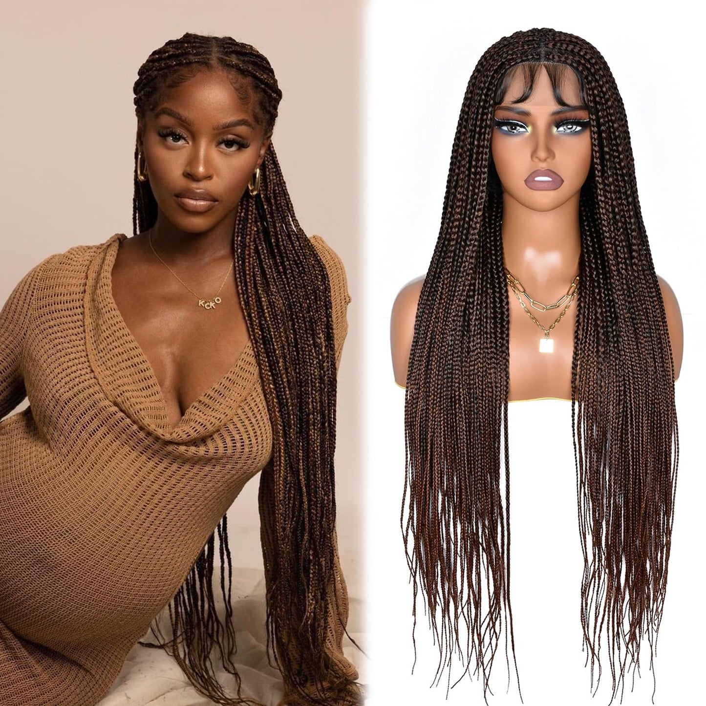 ANNISOUL 36inches Braided Box Wigs for Black Women Full double Lace Front Box Braided Cornrow Twist Wigs with Baby Hair Synthetic Lightweight Box Braid Wig