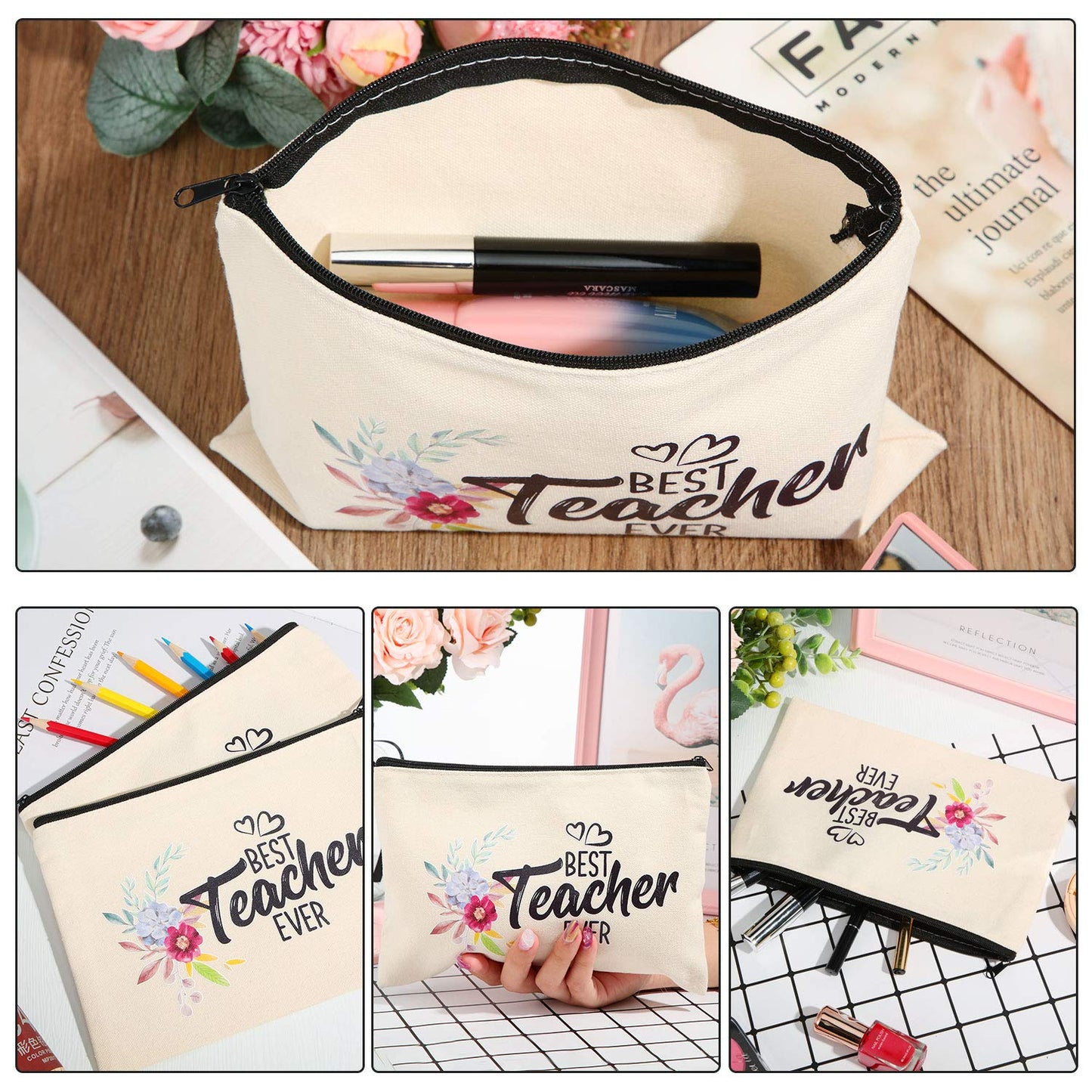 Frienda 16 Pieces Teacher Makeup Bag Multipurpose Cosmetic Bag Teacher Travel Toiletry Pouch Teacher Gift Canvas Bags with Zipper for Women Teacher(Flower Pattern)