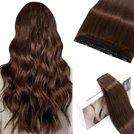 TESSHAIR 5 Clip One Piece Clip in Hair Extensions Real Human Hair 22 Inch Human Hair Clip in Extensions Chocolate Brown 3/4 Full Head Hair Extensions Clip ins Straight Long 55g